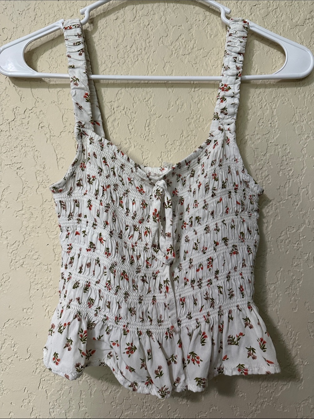 White Floral Smocked Tank Top with Red Accent